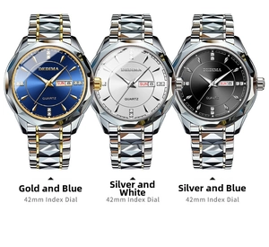 Detailed close-up of 42mm tungsten steel business watches with dual calendar display