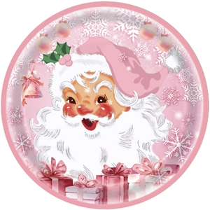 Pink Christmas party dinner plate featuring vintage Santa Claus and snowflake illustrations