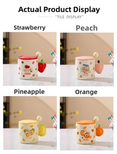Four fruit-themed ceramic mugs with matching lids and spoons in a tile grid display
