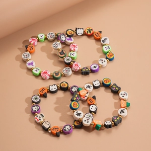 Colorful Halloween beaded bracelet set with polymer clay pumpkin and ghost charms