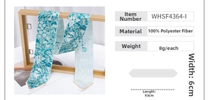 Blue floral polyester scarf detail showing dimensions 93x6cm and 8g lightweight material