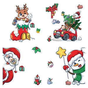Christmas window stickers set featuring Santa, reindeer, snowman, and red car decorations