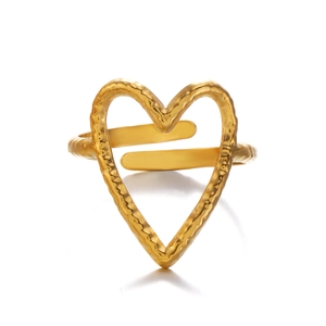 Adjustable 18K gold plated open ring with a hammered texture hollow heart design