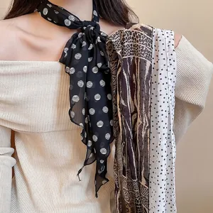 Women Retro Elegant Satin Scarf Necklace Polka Dot Animal Print Long Chiffon Scarf Decorative Neck Chain Korean Style