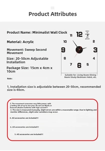 Detailed specifications chart for DIY acrylic wall clock with silent scanning movement