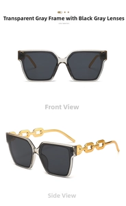 Detail of luxury square oversized sunglasses featuring gold chain-link temple design