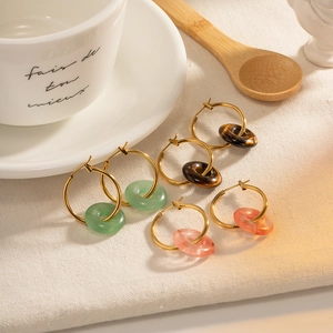 Stainless Steel Hoop Earrings With Gemstone Donut Pink Crystal Tiger Eye Green Aventurine Vintage Style For Women