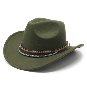 Detail of dark green felt cowboy hat with braided leather band and ethnic metal beads