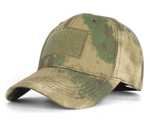 Side view of tactical camouflage baseball cap featuring a front loop patch for DIY patches
