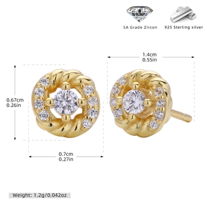 Detailed macro view of S925 silver twist earrings with 5A cubic zirconia and size specs