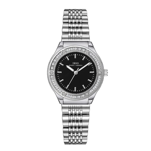 IBSO elegant women's silver stainless steel watch with black dial and diamond bezel