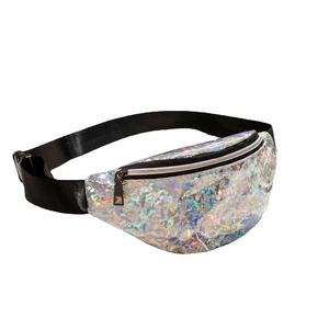 Stylish holographic laser waist bag with colorful diamond texture and adjustable black strap