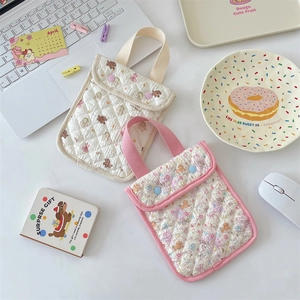 Close-up of quilted floral animal pattern mini tote bag with button closure detail