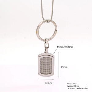 Detailed specs of square stainless steel tag keychain with mesh texture and measurements