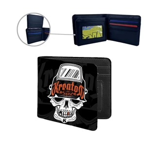 Men's bifold wallet with Kreator skull print featuring card slots and ID window