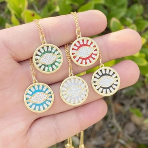Evil Eye Round Pendant Necklace Copper With Zircon 18K Gold Plated Clavicle Chain Sunburst Design For Women