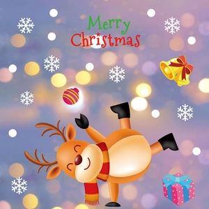 Close-up of Merry Christmas window sticker with cute cartoon reindeer and festive bells