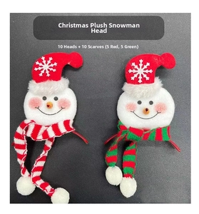 Set di 10 teste di pupazzo di neve in peluche con 10 sciarpe rosse e verdi per decori natalizi