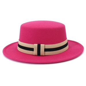 Classic rose red wool felt flat top hat with striped decorative ribbon band for women