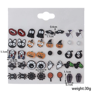 20-piece Halloween earring set with pumpkin, ghost, and bat designs on display card