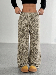Leopard Print Plaid Wide Leg Pants Women High Waist Elastic Drawstring Loose Casual Trousers Polyester