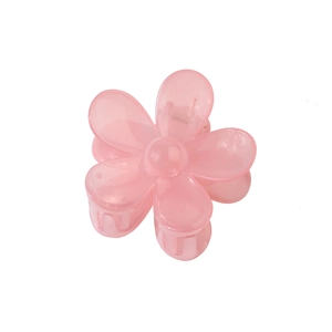 Macro view of a translucent pink flower hair claw clip with a durable metal spring