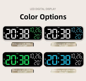 Detailed grid of 9 inch LED digital clocks in white and black with blue and green display