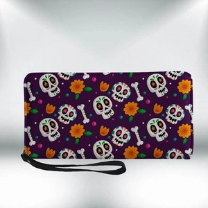 Purple PU leather long wallet with Day of the Dead sugar skull prints and wrist strap