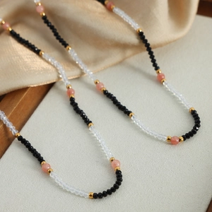 Handmade mixed natural stone beaded necklace with pink and black crystals for women