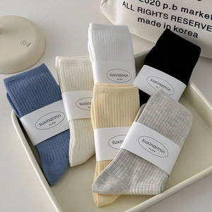 Women Cotton Slouch Socks Ribbed Knit Breathable Solid Color Mid Tube Japanese Style Soft Casual Crew Socks Everyday