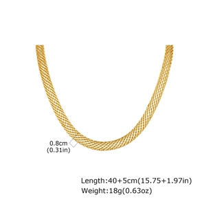 Detail view of 8mm wide golden stainless steel mesh necklace with product dimensions