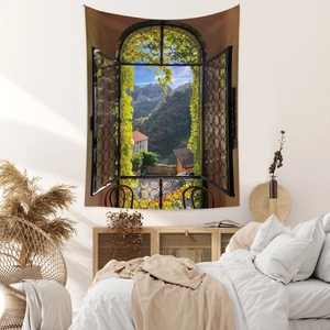 Detail of 3D landscape window tapestry featuring a scenic European mountain village view