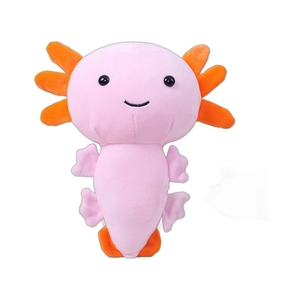 Soft pink axolotl plush toy with orange gills and a cute smile on white background