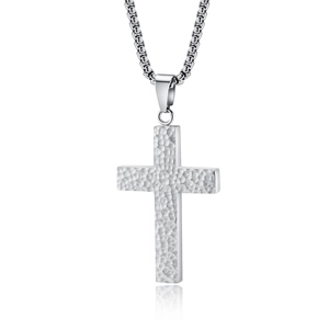 Collier Croix en Acier Inoxydable Martelé à la Main Pour Hommes Femmes Texture Irrégulière Pendentif Religieux Minimaliste Bijoux