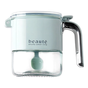 Blue glass seasoning container with airtight lid and integrated spoon for kitchen storage