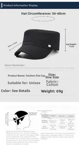 Size chart showing dimensions for breathable cotton flat top hat with 56-60cm circumference