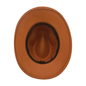 Top view of orange-brown wool fedora hat showing inner black sweatband and size label