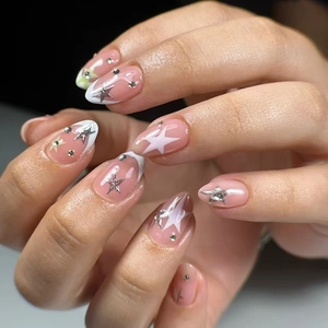 French White Tip Press On Nails Almond Shape With Star Patterns And Rhinestones Sweet Style For Women Artificial Fake Nails