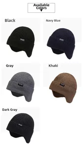 Multi-color knit winter earflap beanies with warm fleece lining and sport patch detail