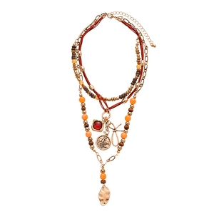 Bohemian multi-layer necklace with vintage wood beads and butterfly pendant