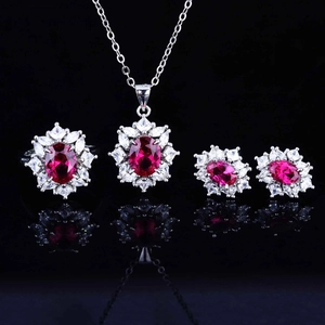Luxury Red Gemstone Oval Ruby Color Jewelry Necklace Earrings Adjustable Ring Snowflake Flower Color