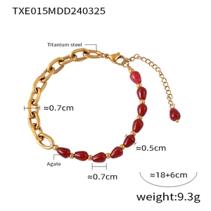 Detail of red agate beads and titanium steel gold chain bracelet with size measurements