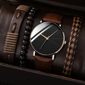 Brown leather watch with black dial paired with three assorted braided bracelets in a gift box