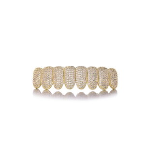 Detail of hip hop gold grillz featuring 8-tooth iced out design with micro-pave zircons