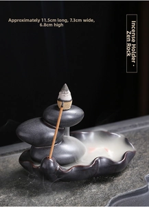 Detail of stone-stacked backflow incense burner with lotus base measuring 11.5x7.3x6.8cm