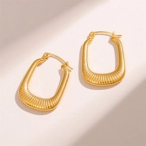 Rectangular Hoop Earrings Stainless Steel Gold Plated Striped Ribbed Texture Geometric Minimalist Jewelry For Women
