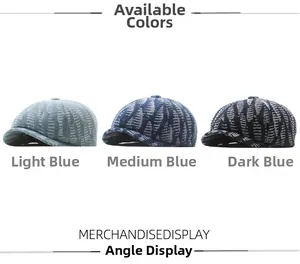Detailed view of striped vintage newsboy caps in three shades of blue denim