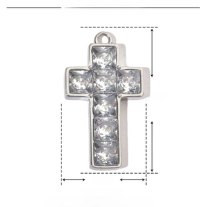 Macro view of stainless steel cross pendant with zircon stones and dimensions 31x17mm