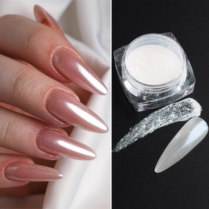 White pearl aurora nail powder for mirror effect DIY nail art on pink base