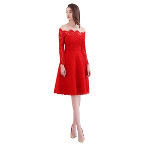 Elegant Red Lace Off Shoulder Long Sleeve Evening Dress For Women Formal Party Cocktail A Line Midi Gown